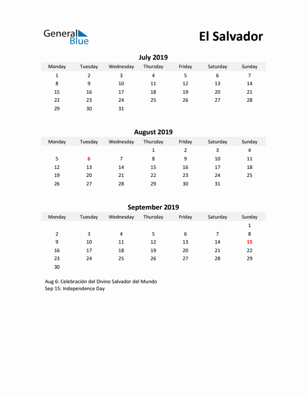 Printable Quarterly Calendar with Notes and El Salvador Holidays- Q3 of 2019