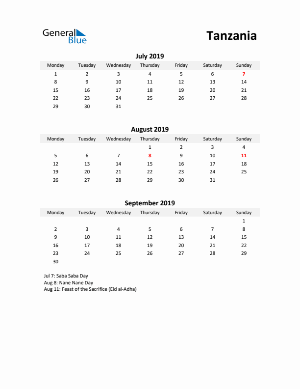 Printable Quarterly Calendar with Notes and Tanzania Holidays- Q3 of 2019