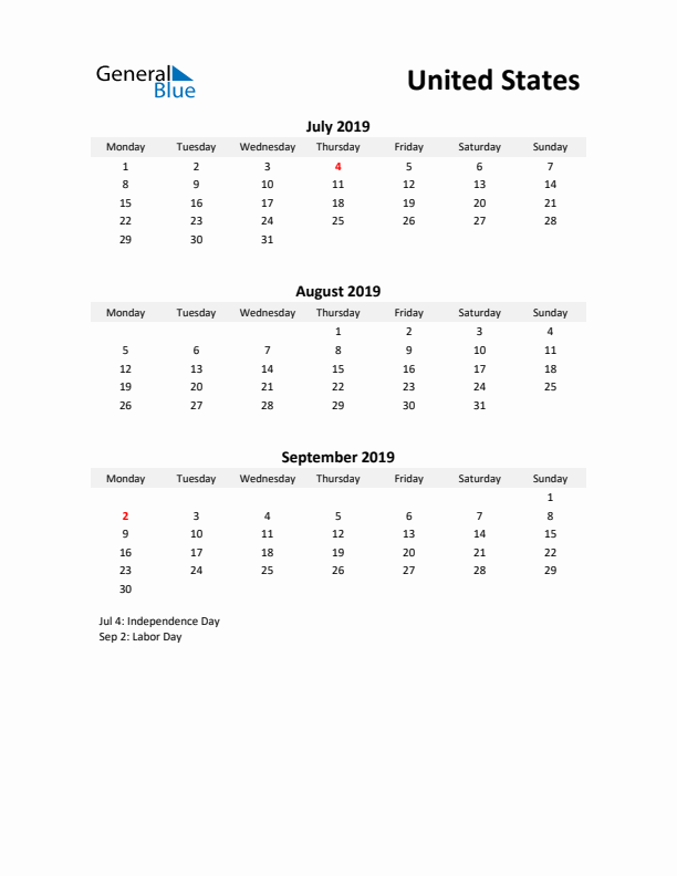 Printable Quarterly Calendar with Notes and United States Holidays- Q3 of 2019