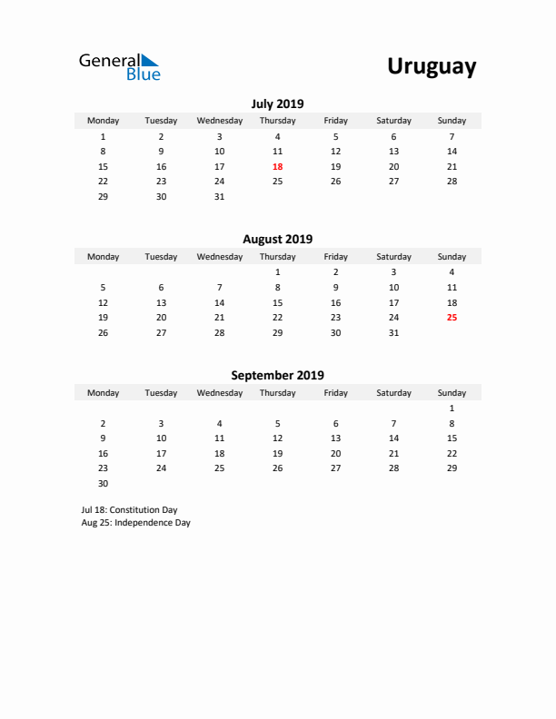 Printable Quarterly Calendar with Notes and Uruguay Holidays- Q3 of 2019