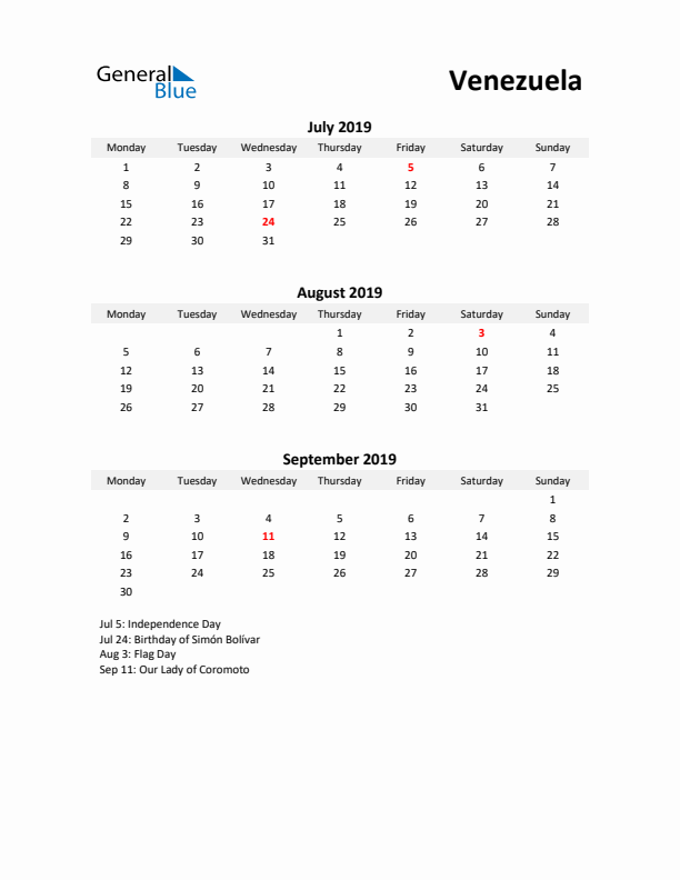 Printable Quarterly Calendar with Notes and Venezuela Holidays- Q3 of 2019