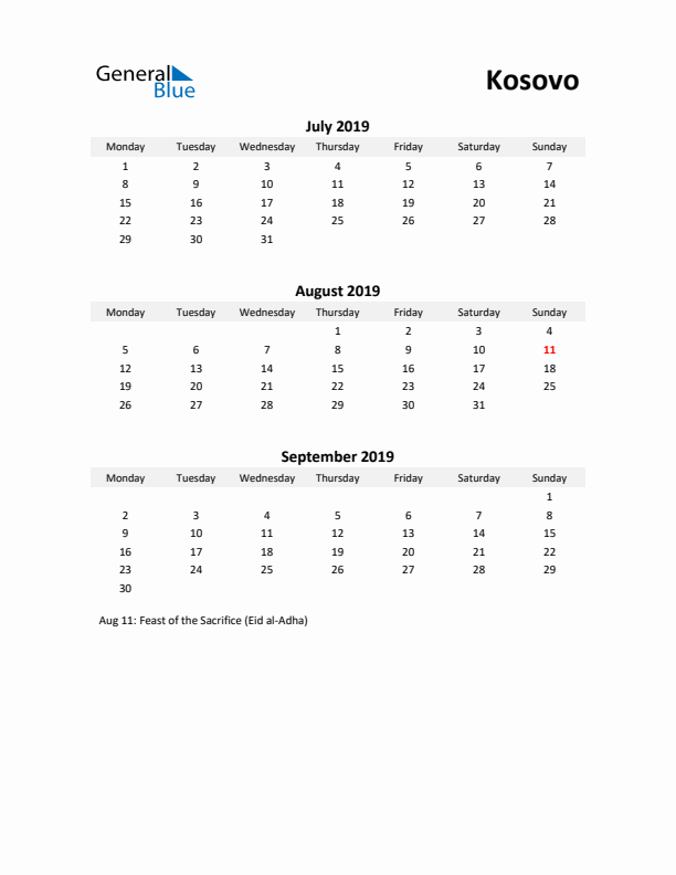 Printable Quarterly Calendar with Notes and Kosovo Holidays- Q3 of 2019