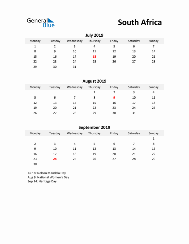 Printable Quarterly Calendar with Notes and South Africa Holidays- Q3 of 2019