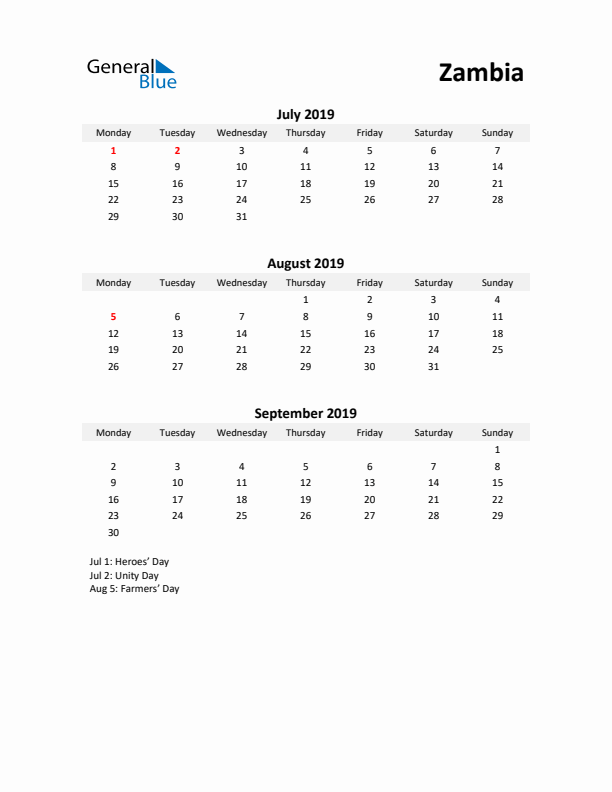 Printable Quarterly Calendar with Notes and Zambia Holidays- Q3 of 2019