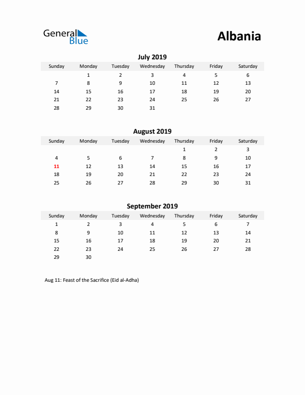 Printable Quarterly Calendar with Notes and Albania Holidays- Q3 of 2019