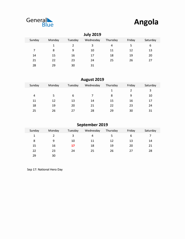 Printable Quarterly Calendar with Notes and Angola Holidays- Q3 of 2019