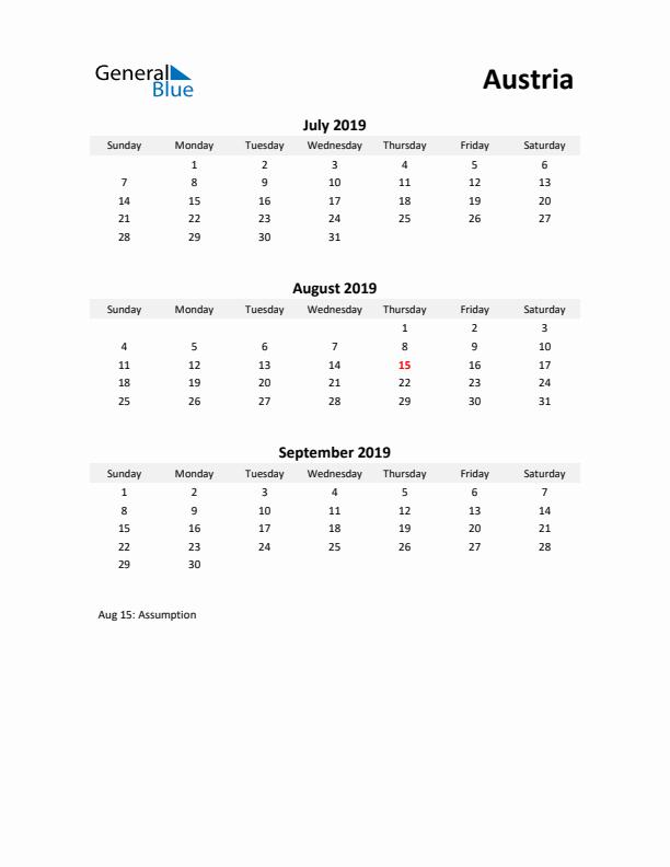 Printable Quarterly Calendar with Notes and Austria Holidays- Q3 of 2019