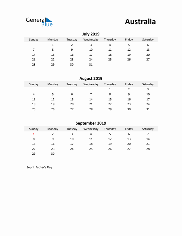 Printable Quarterly Calendar with Notes and Australia Holidays- Q3 of 2019