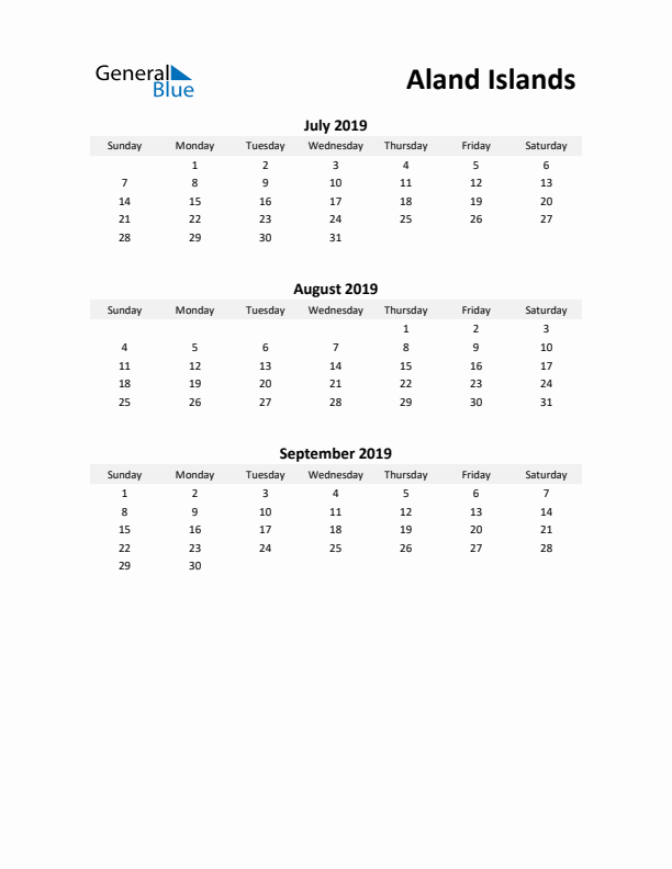 Printable Quarterly Calendar with Notes and Aland Islands Holidays- Q3 of 2019