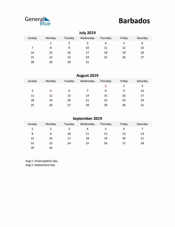 Printable Quarterly Calendar with Notes and Barbados Holidays- Q3 of 2019