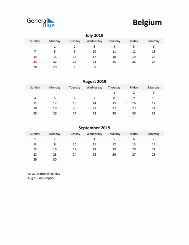 Printable Quarterly Calendar with Notes and Belgium Holidays- Q3 of 2019