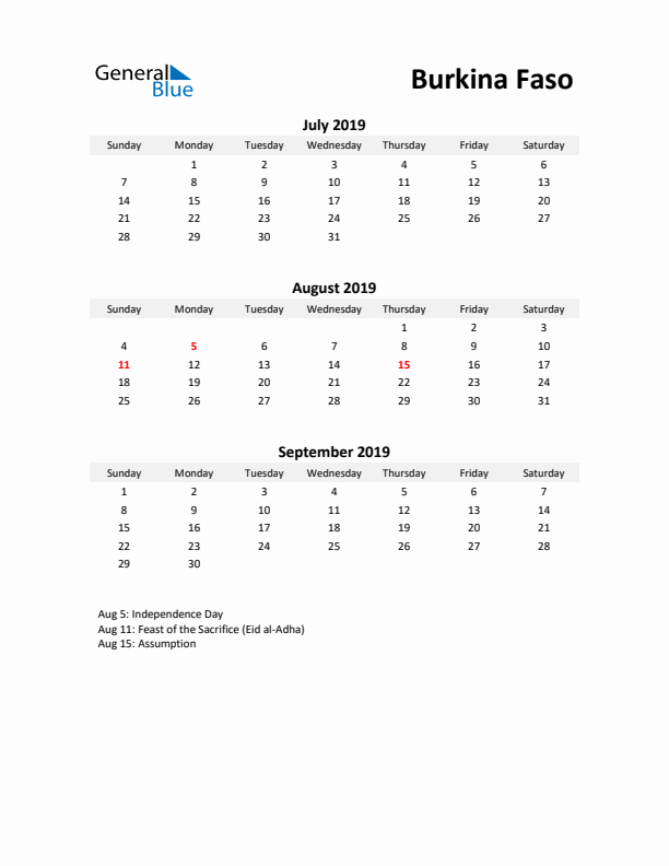 Printable Quarterly Calendar with Notes and Burkina Faso Holidays- Q3 of 2019