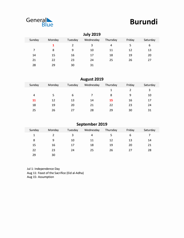 Printable Quarterly Calendar with Notes and Burundi Holidays- Q3 of 2019