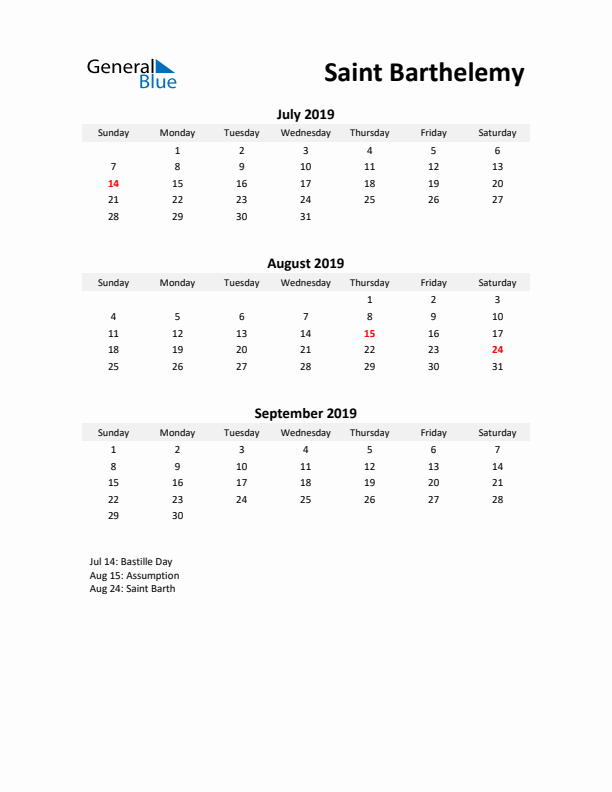 Printable Quarterly Calendar with Notes and Saint Barthelemy Holidays- Q3 of 2019