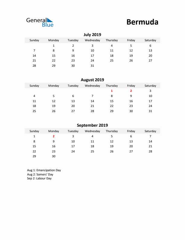 Printable Quarterly Calendar with Notes and Bermuda Holidays- Q3 of 2019