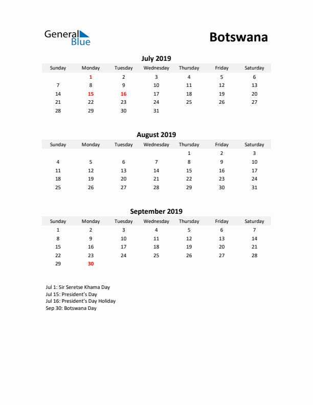 Printable Quarterly Calendar with Notes and Botswana Holidays- Q3 of 2019