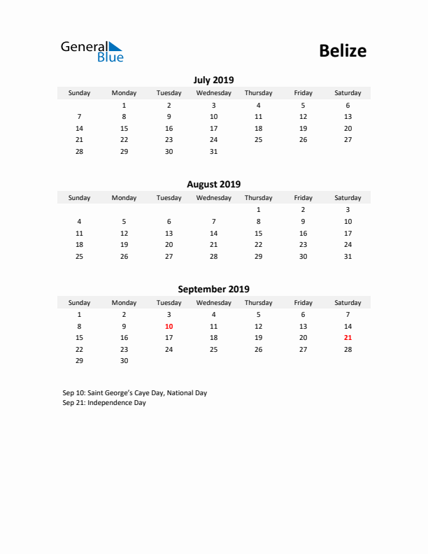 Printable Quarterly Calendar with Notes and Belize Holidays- Q3 of 2019