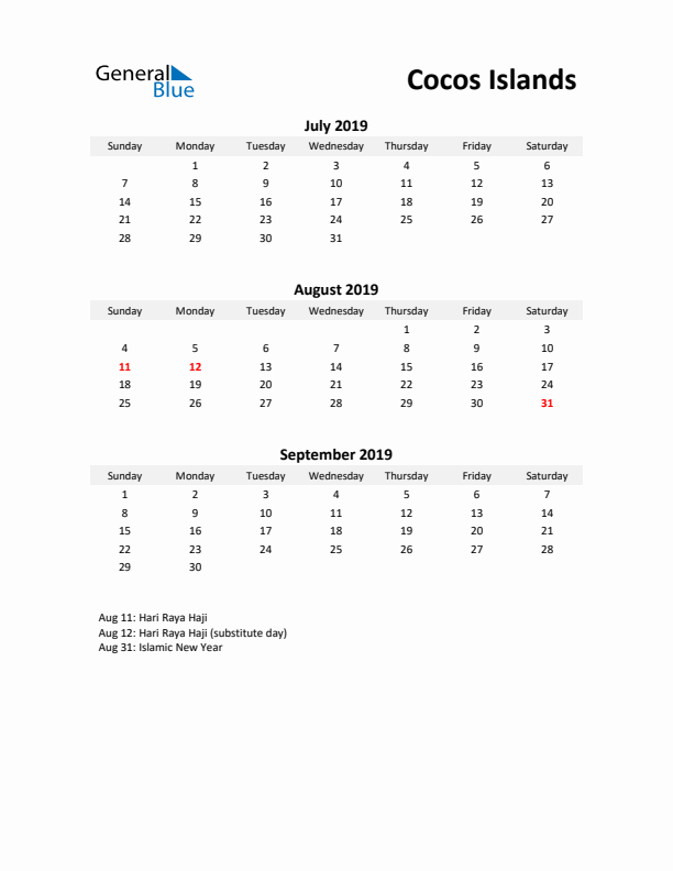 Printable Quarterly Calendar with Notes and Cocos Islands Holidays- Q3 of 2019