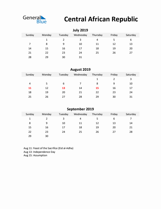 Printable Quarterly Calendar with Notes and Central African Republic Holidays- Q3 of 2019