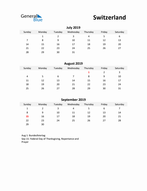 Printable Quarterly Calendar with Notes and Switzerland Holidays- Q3 of 2019