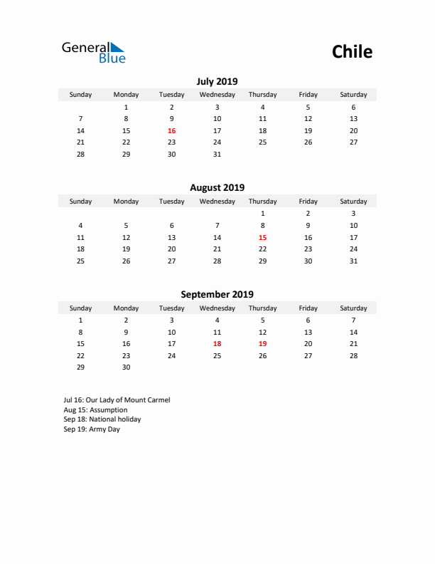 Printable Quarterly Calendar with Notes and Chile Holidays- Q3 of 2019