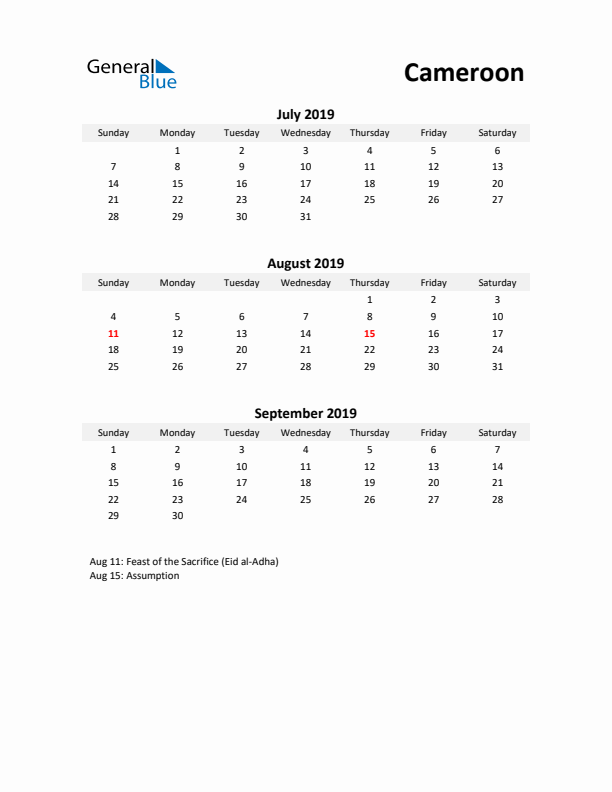 Printable Quarterly Calendar with Notes and Cameroon Holidays- Q3 of 2019