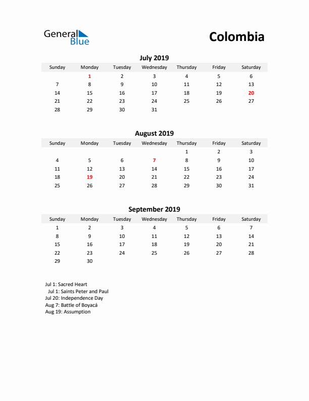 Printable Quarterly Calendar with Notes and Colombia Holidays- Q3 of 2019