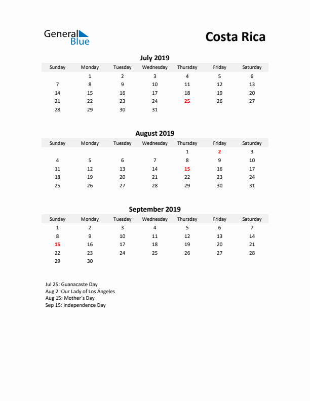 Printable Quarterly Calendar with Notes and Costa Rica Holidays- Q3 of 2019