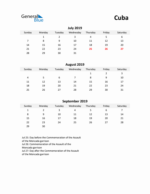 Printable Quarterly Calendar with Notes and Cuba Holidays- Q3 of 2019