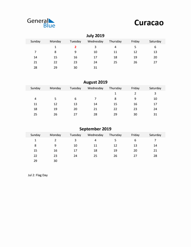 Printable Quarterly Calendar with Notes and Curacao Holidays- Q3 of 2019