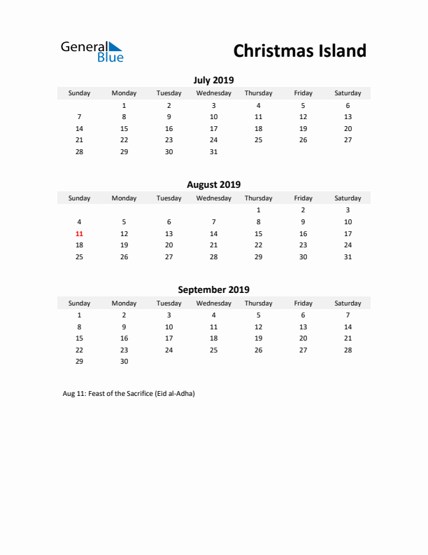 Printable Quarterly Calendar with Notes and Christmas Island Holidays- Q3 of 2019