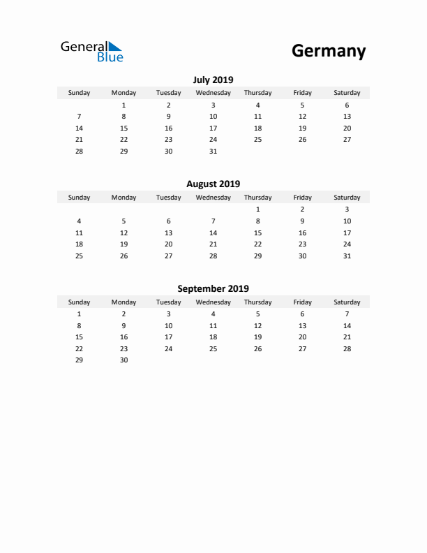 Printable Quarterly Calendar with Notes and Germany Holidays- Q3 of 2019