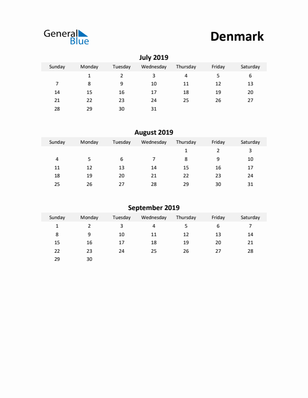 Printable Quarterly Calendar with Notes and Denmark Holidays- Q3 of 2019