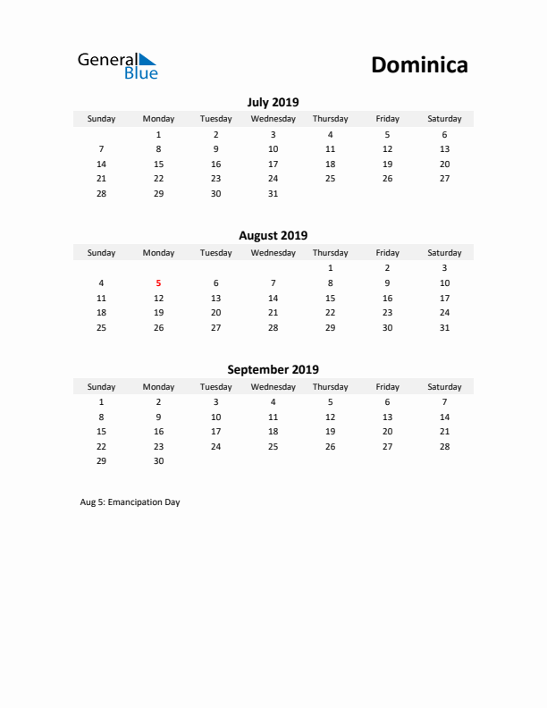 Printable Quarterly Calendar with Notes and Dominica Holidays- Q3 of 2019