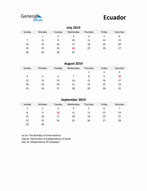 Printable Quarterly Calendar with Notes and Ecuador Holidays- Q3 of 2019