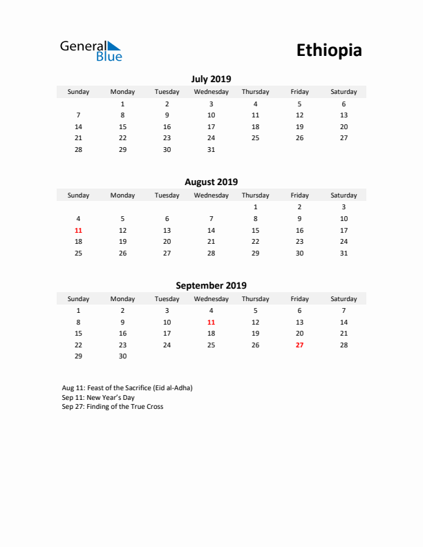 Printable Quarterly Calendar with Notes and Ethiopia Holidays- Q3 of 2019