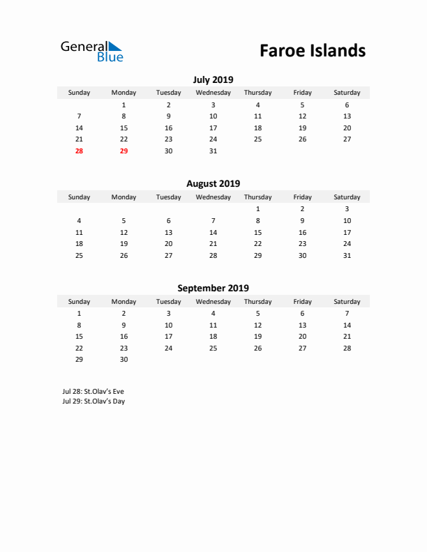 Printable Quarterly Calendar with Notes and Faroe Islands Holidays- Q3 of 2019