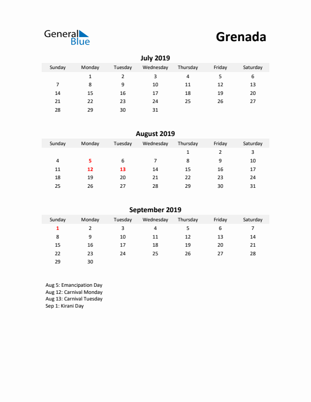 Printable Quarterly Calendar with Notes and Grenada Holidays- Q3 of 2019