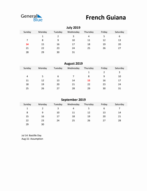 Printable Quarterly Calendar with Notes and French Guiana Holidays- Q3 of 2019