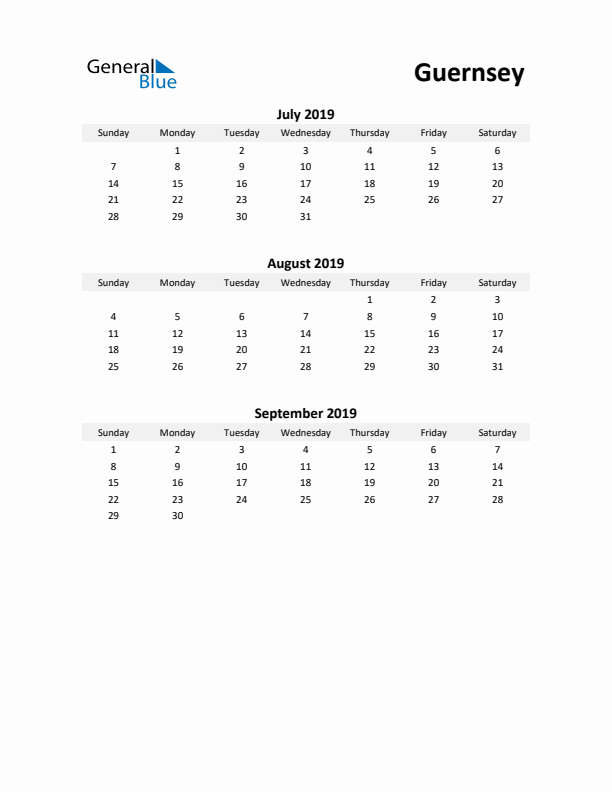 Printable Quarterly Calendar with Notes and Guernsey Holidays- Q3 of 2019