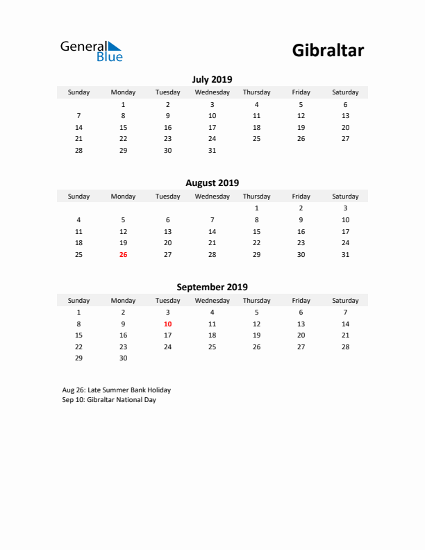 Printable Quarterly Calendar with Notes and Gibraltar Holidays- Q3 of 2019