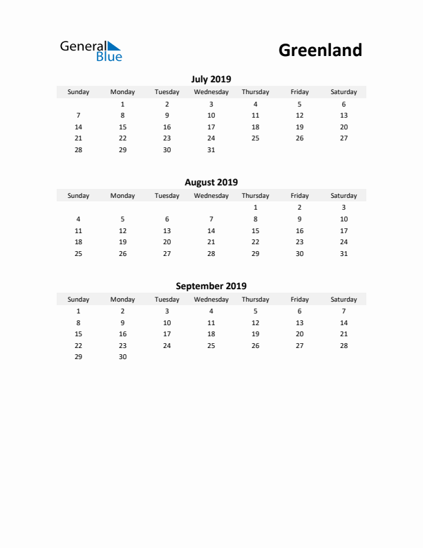 Printable Quarterly Calendar with Notes and Greenland Holidays- Q3 of 2019