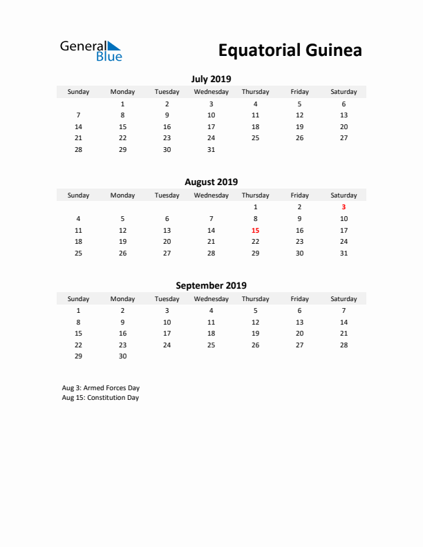 Printable Quarterly Calendar with Notes and Equatorial Guinea Holidays- Q3 of 2019