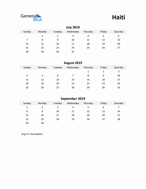 Printable Quarterly Calendar with Notes and Haiti Holidays- Q3 of 2019