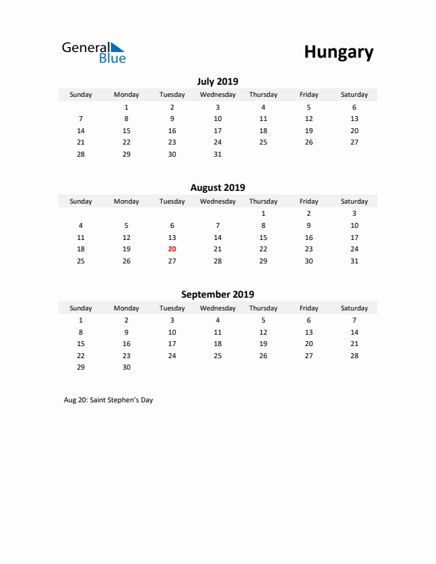 Printable Quarterly Calendar with Notes and Hungary Holidays- Q3 of 2019