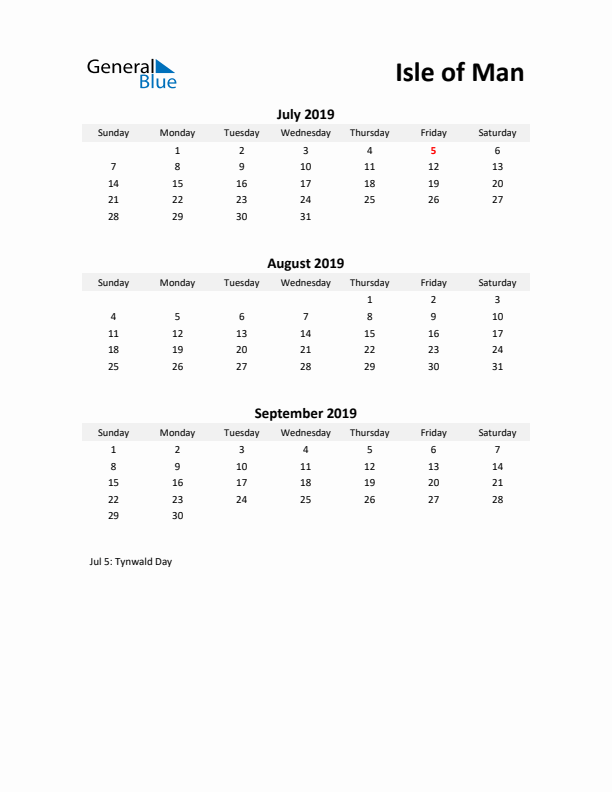 Printable Quarterly Calendar with Notes and Isle of Man Holidays- Q3 of 2019