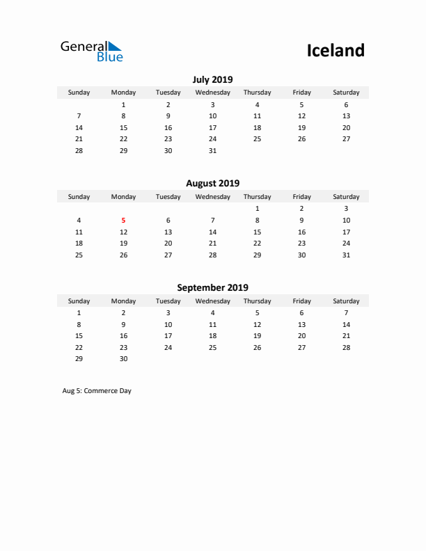 Printable Quarterly Calendar with Notes and Iceland Holidays- Q3 of 2019