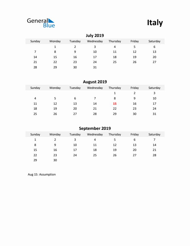 Printable Quarterly Calendar with Notes and Italy Holidays- Q3 of 2019