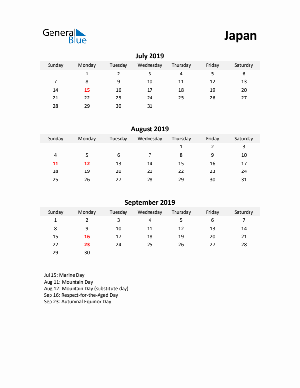 Printable Quarterly Calendar with Notes and Japan Holidays- Q3 of 2019