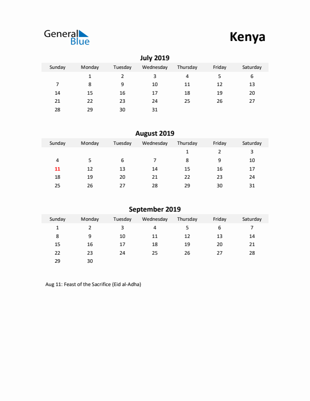 Printable Quarterly Calendar with Notes and Kenya Holidays- Q3 of 2019